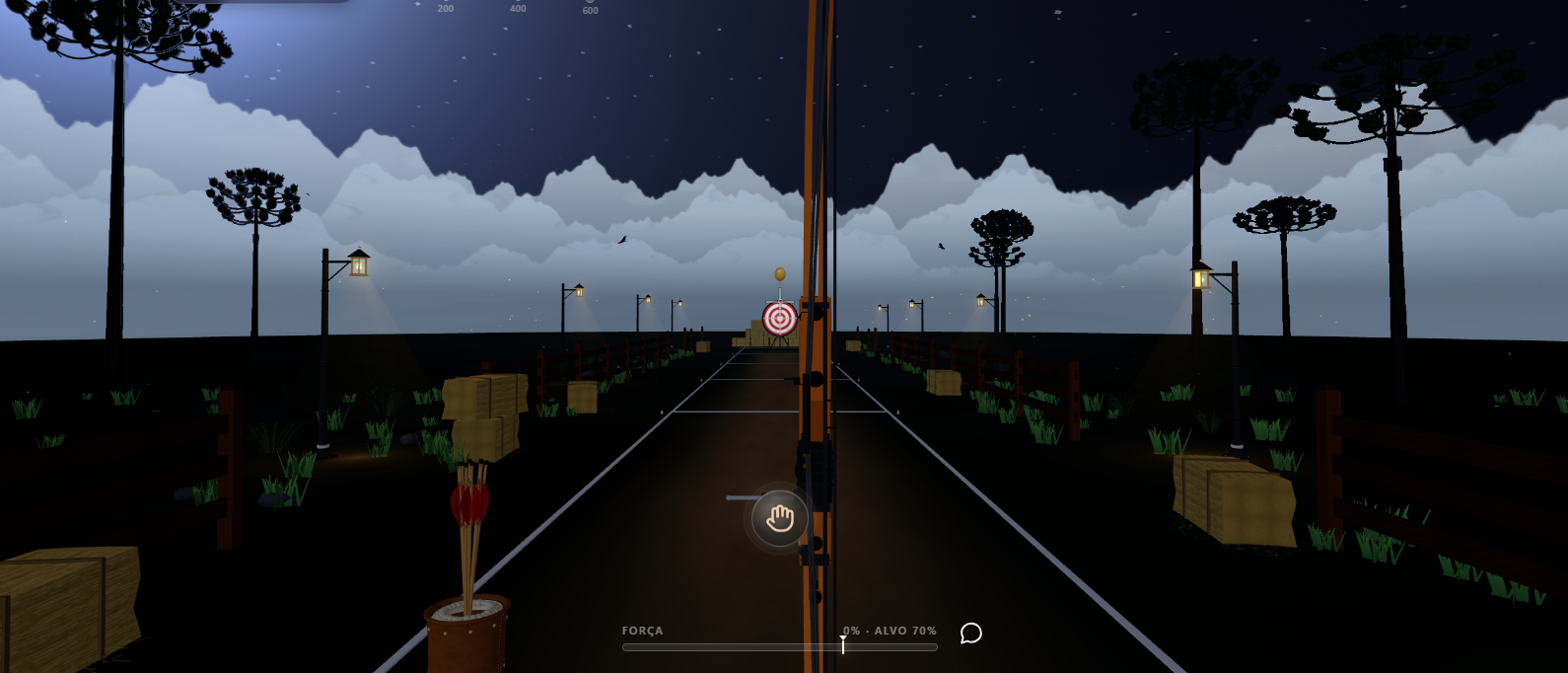 Pista noturna do ArcPlay, arco tensionado em direção ao alvo